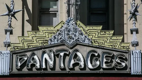 The iconic Hollywood Pantages Theatre marquee lit up at night on Hollywood Boulevard