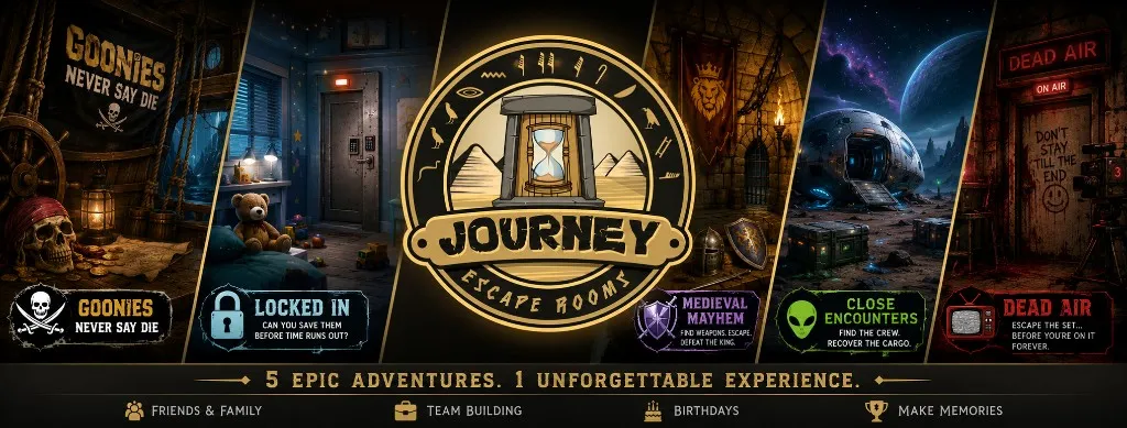 Journey Escape Rooms — five themed adventures in Fontana, CA: Goonies Never Say Die, Locked In, Medieval Mayhem, Close Encounters, and Dead Air